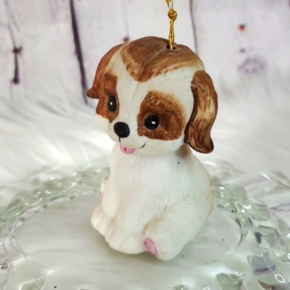 Vintage Ceramic Puppy Dog Pup Christmas Kitschy Holiday Ornament Bell Brown Wht - Picture 9 of 13
